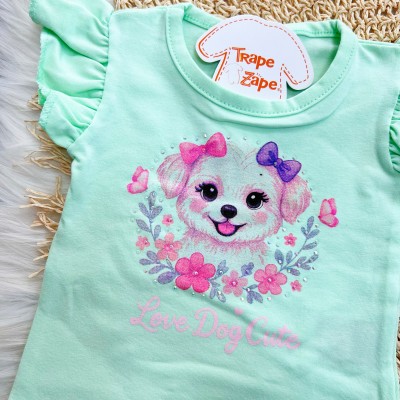 Conj. Blusa Love Dog Cute e Short - Verde e Rosa Bebê